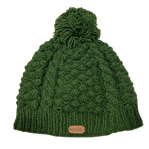 Briomhar Pom Beanie for Women - Fleece Lined 100% Wool Winter Hats for Women - Knit Hat Designed in Ireland - color: Green