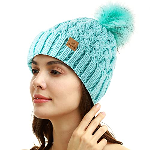 PAGE ONE Womens Winter Ribbed Beanie Crossed Cap Chunky Cable Knit Pompom Soft Warm Hat - color: Mint