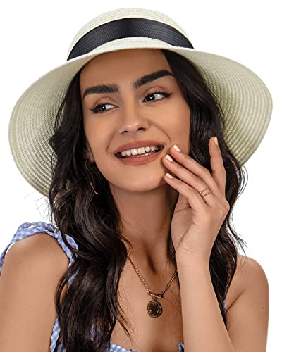 Sun Straw Hat for Women with Wind Lanyard Wide Brim Foldable Beach Summer Hats Womens UV 50+ Protection Bowknot Cap - color: Mint Green