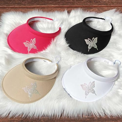 2 Pack Sun Visors Women Wide Brim Clip on Summer Hats Adjustable UV Protection - color: Butterfly-khaki,rose Red