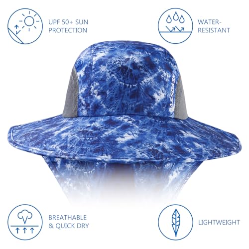 BASSDASH UPF 50+ Unisex Water Resistant Wide Brim Sun Hat with Large Neck Flap Ponytail Fishing Hat for Men Women - color: Blue Camo