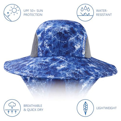 BASSDASH UPF 50+ Unisex Water Resistant Wide Brim Sun Hat with Large Neck Flap Ponytail Fishing Hat for Men Women - color: Blue Camo