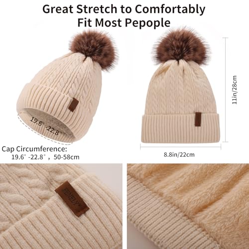 Winter Hat Scarf Gloves Set for Women, Classic Cable Beanie with Removable Pom Pom Long Scarf Touchscreen Gloves 3 in 1 Set - color: Beige