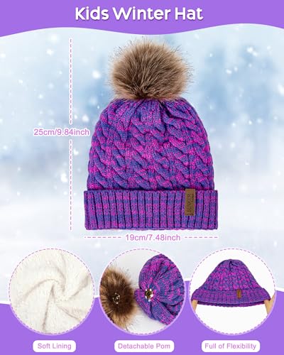 Kids Winter Hat Gloves Scarf Set, Boys and Girls Beanie Hat - color: Pink Purple