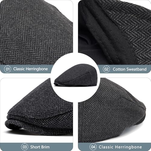 meioro Herringbone Flat Ivy Newsboy Cap for Men Classic Tweed Newsboy Hat Wool Blend Flat Cap Gatsby Cabbie Hats Ivy Caps - color: Dark Grey