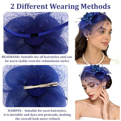 Semato Fascinators Hats for Women Mesh Feathers Elegant Royal Blue Tea Party Kentucky Hat Derby Headband with Hair Clip - color: Royal Blue