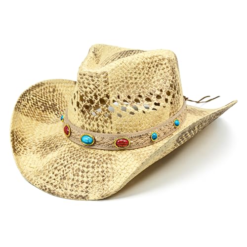 FLUFFY SENSE. Cowgirl Hats for Women Straw Cowboy Hat Western Beach Sun Hat with Shapeable Brim for Coastal Cowgirl - color: Sunkissed Blonde