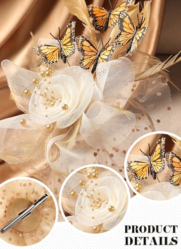 Zinniday Butterfly Derby Hat 2025 - Classic Tea Party Hats with Hair Clip, 1920s 50s Fascinators for Lady Woman - color: Gold White