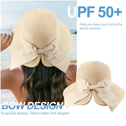 DRESHOW Sun Hats for Women Travel Fedora Foldable Beach Sun Hat Summer Wide Brim Straw Bucket Hat with Bowknot UPF 50+ - color: 1 Pack Bowknot Straw Hat: Beige With Beige Band