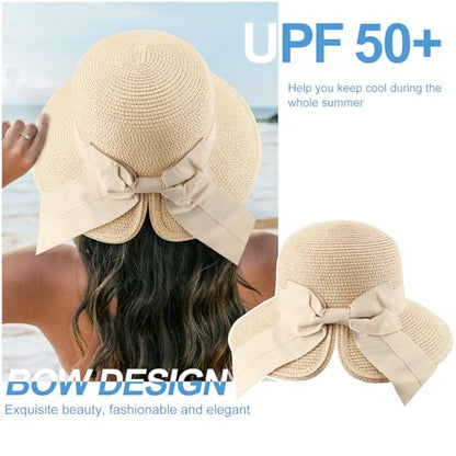 DRESHOW Sun Hats for Women Travel Fedora Foldable Beach Sun Hat Summer Wide Brim Straw Bucket Hat with Bowknot UPF 50+ - color: 1 Pack Bowknot Straw Hat: Beige With Beige Band