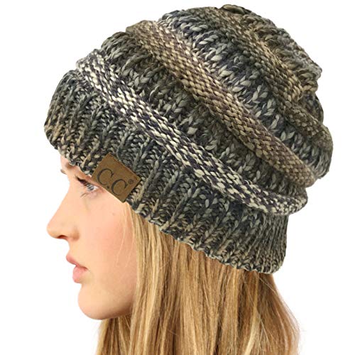 CC Classic Winter Fall Trendy Chunky Stretchy Cable Knit Beanie Hat - color: Mix Black/Gray