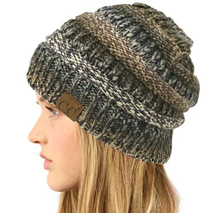 CC Classic Winter Fall Trendy Chunky Stretchy Cable Knit Beanie Hat - color: Mix Black/Gray