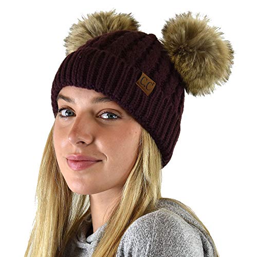 C.C 2 Ear Pom Pom Cable Knit Soft Stretch Cuff Skully Beanie Hat - color: Faux Fur Berry