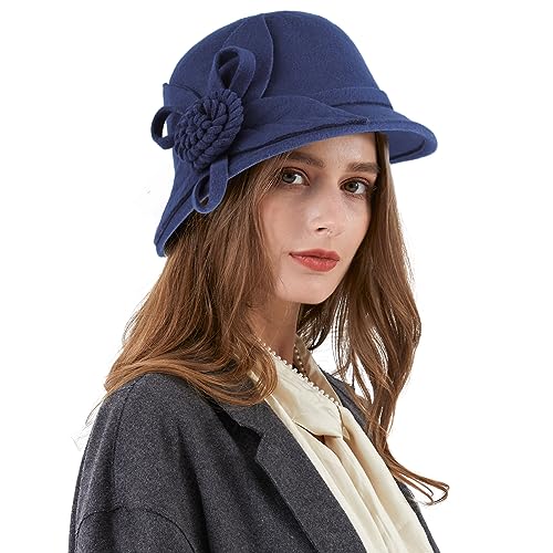 Ladies Wool Felt Bucket Hat Women Vintage Cloche Fedora Winter Church Bowler Hat with Bow - color: Navy Rose