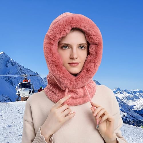 HUAMULAN Women Cable Knit Balaclavas Winter Fleece Lined Beanie Hat - color: Dusty Pink