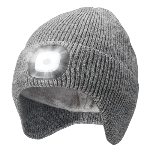 CENSGO Fleece Lined Beanie with a Light Built in, Warm Lighted Stocking Hat with Ear Flaps - color: Gray