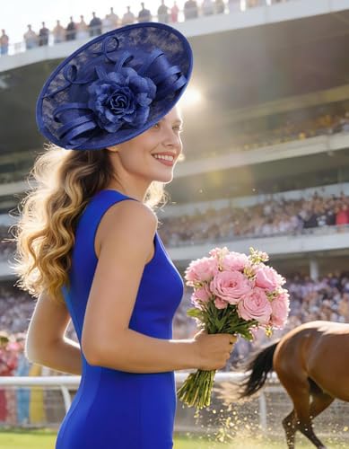 Unpifolov Fascinators Hats Elegant Women Flower Mesh Feathers Wedding Cocktail Bride Headband for Derby Hat Tea Party - color: Royal Blue
