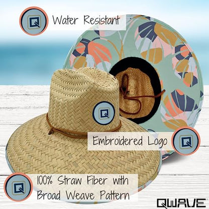 Qwave Straw Hats for Women - Stylish Tropical Print Designs, Beach Gear Sun Hats for Women, Lifeguard Hat with Sun Protection - color: Seafoam Palm