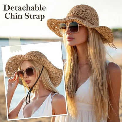 Beach Sun Straw Hats for Women Floppy Wide Brim UV Packable Summer - color: Khaki - Pineapple Knitted