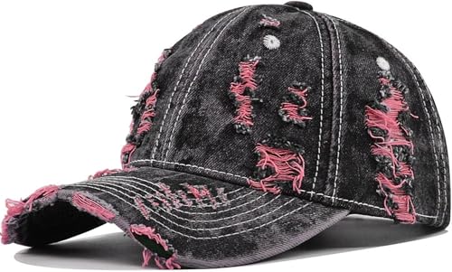 Distressed Washed Denim Baseball Cap Vintage Ripped Strapback Sun Hat for Men Women - color: Pink