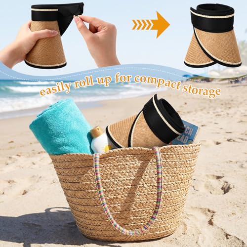 12 Pack Wide Brim Sun Visor Hats for Women UPF 50+ Foldable Straw Beach Hat UV Protection for Travel, Vacation - color: Khaki