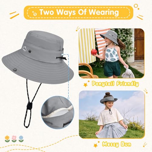ZOORON Kids UPF 50+ Sun Hat for Boys Girls Wide Brim Lightweight Bucket Hat for Hiking Beach Safari, Quick Dry Adjustable - color: 1pack-light Gray