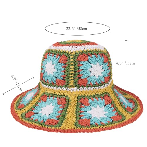 Womens Multicolor Floral Crochet Straw Sun Hat Wide Brim Summer Beach Hat - color: Yellow
