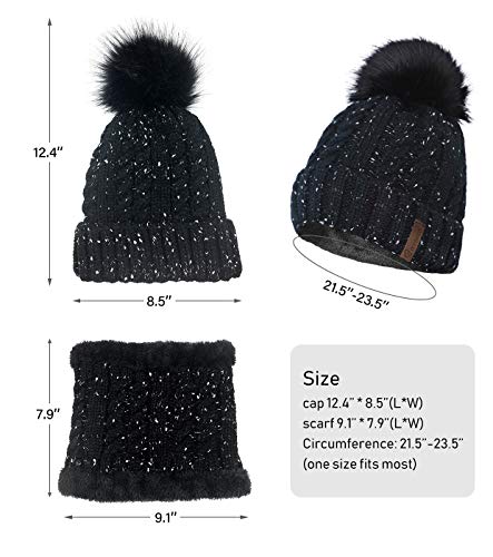 IYEBRAO Womens Winter Knit Beanie Hat and Scarf Set Girls Cute Slouchy Thick Fleece Lined Ski Hat Warm Skull Cap with Pom - color: Black