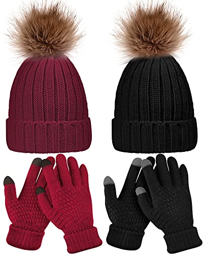 Syhood 4 Pcs Hat and Glove Set Winter Beanie and Glove Set - color: Black and Red