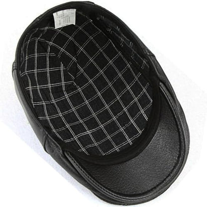 Men's Lambskin Leather Newsboy Flat Cap Gatsby Ivy Cap Driving Hat - color: Black