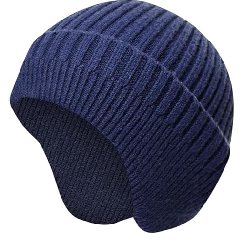 Winter Beanie for Men Women with Earflap, Fleece Lined Beanie Soft Warm Knit Hat Ski Stocking Cuffed Cap - color: Navy