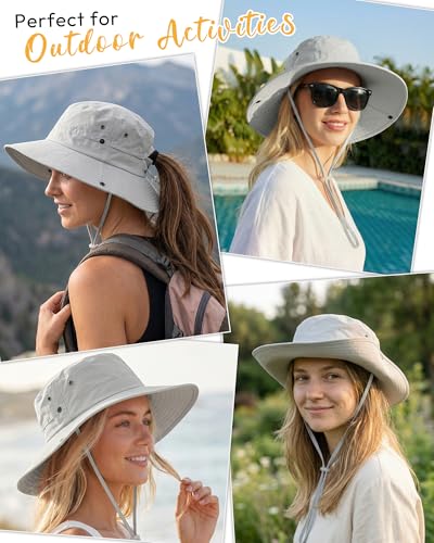 Women Sun Hat with Ponytail Hole Wide Brim Bucket Sun Protection for Summer - color: Grey