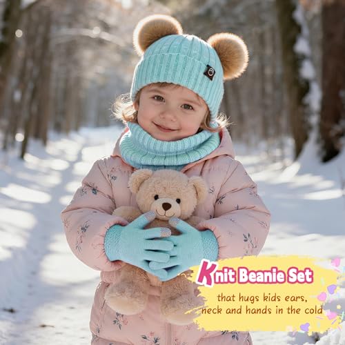 Kids Winter Hat Gloves Scarf Set Girls, Children Beanies Hats with Pom Pom - color: Mint Green Mix