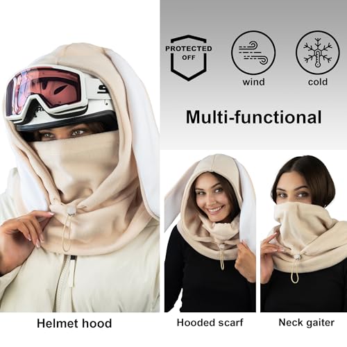 Fleece Balaclava Over Helmet - Warm Helmet Ninja Hood - Snowboard Hooded Hat Neck Gaiter Ski Mask - color: Sand&white|bunny, size: One Size