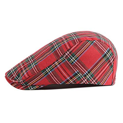 Gudessly Mens Adjustable Colorful Striped Plaid Ivy Newsboy Cabbie Gatsby Golf Cap Flat Cotton Hat Thin Cap - color: T-red