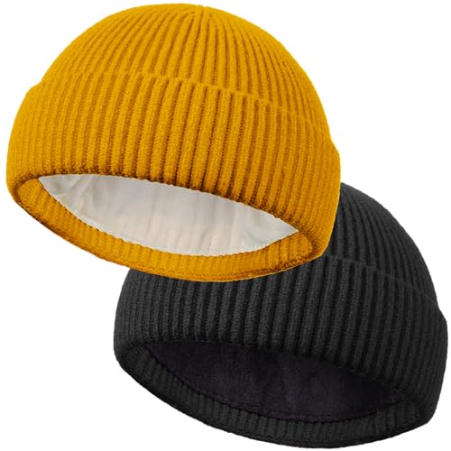 ROYBENS Short Wool Fisherman Beanie for Men Women Knit Fleece Lined Beanies - color: 2pcs-black+yellow