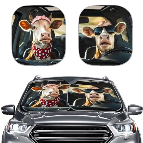 Renewold Funny Cow Animal Driving Car Windshield Sun Shade Auto Front Window Sunshade Keep Vehicle Cool Sun Visor Shield for Most SUV Van Sedan Trucks Block Sunlight Heat Outdoor Car Accessories - color: Funny Cow Animal Driving