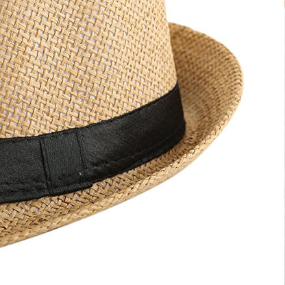 FALETO Unisex Summer Panama Straw Fedora Hat Short Brim Beach Sun Cap Classic - color: #01 Khaki