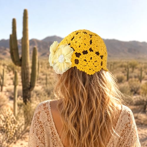 Crochet Hat Cap Cute Summer Beanies with Pearl Decor Boho Knit Mesh Hat - color: White Flower