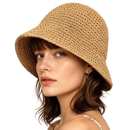 Women Sun Hat Hand-Woven Packable Beach Bucket Hat Summer Floppy UV Protection Hats - color: Khaki