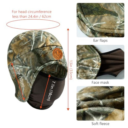 BASSDASH Unisex Soft Fleece 2-in-1 Hat with Mask Ear Flap - color: Autumn Forest & Brown