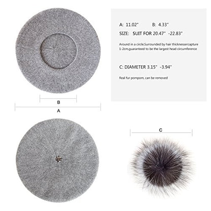 Womens Winter Beret Hat Knitted Beanie Cap Autumn Winter Hat French Classic Beret - color: D.grey With Silver Fox Fur Pompom