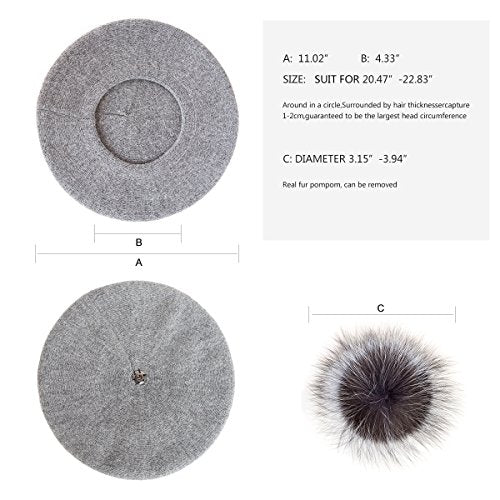 Womens Winter Beret Hat Knitted Beanie Cap Autumn Winter Hat French Classic Beret - color: D.grey With Silver Fox Fur Pompom