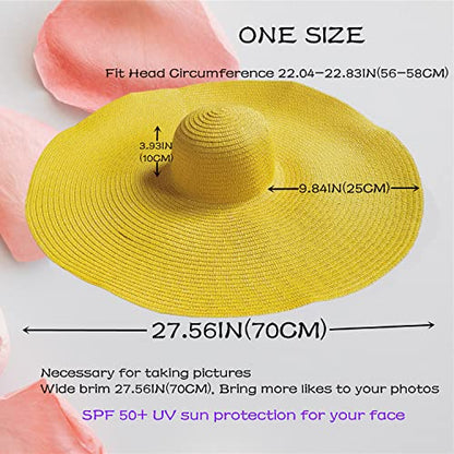 Oversized Beach Hat Women, Extra Wide Brim Foldable Straw Floppy Sun Hat - color: Yellow