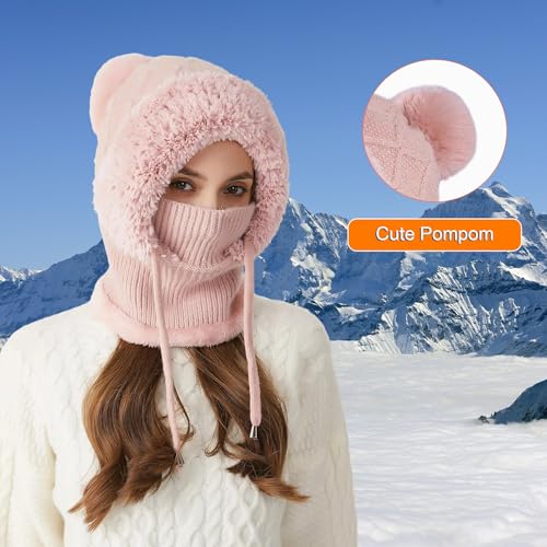 HUAMULAN Women Cable Knit Balaclavas Winter Fleece Lined Beanie Hat - color: Pink With String