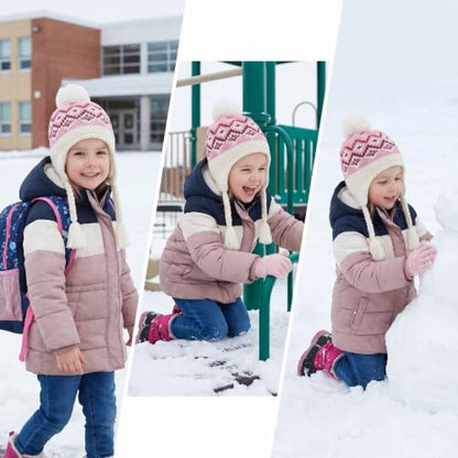Moon Kitty Girls Knit Hats Winter Fleece Lining Skiing Winter Caps with Warm Ear Flap - color: Dusty Rose, size: 3-5T