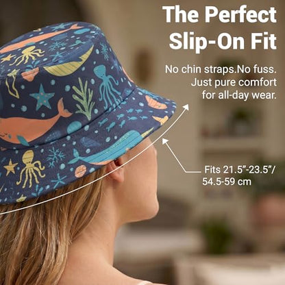 ZLYC Printed Bucket Hat for Women Men Packable Summer Sun Hat for Beach - color: Sea Life Navy