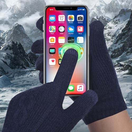 Winter Hat Scarf Gloves Set for Women, Classic Cable Beanie with Removable Pom Pom Long Scarf Touchscreen Gloves 3 in 1 Set - color: Navy Blue