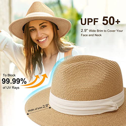 DRESHOW Women Straw Panama Hat Travel Fedora Beach Sun Hat Summer Wide Brim Straw Roll up Hat UPF 50+ - color: Z Two Pack: Fedora Khaki & Beige