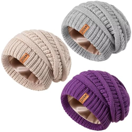 3 Pack Satin Lined Beanie for Women, Warm Slouchy Winter Hats with Silk Lined, Fashionable Oversized Cable Knit Hat Skull Cap - color: Black, Oatmeal, Purple